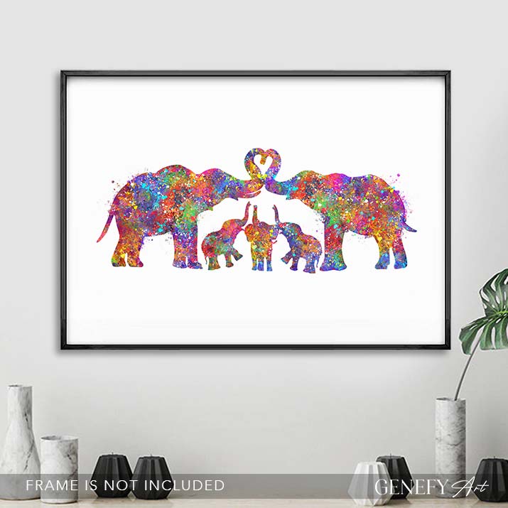 Elephant Herd Family of 5 Watercolour Art