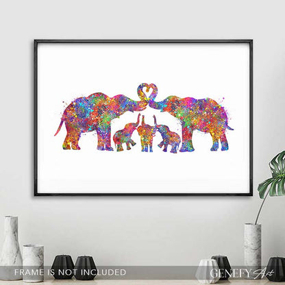 Elephant Herd Family of 5 Watercolour Art
