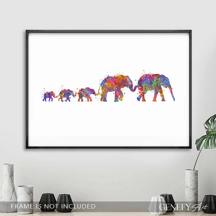 Elephant Herd Family of 5 Watercolour Art