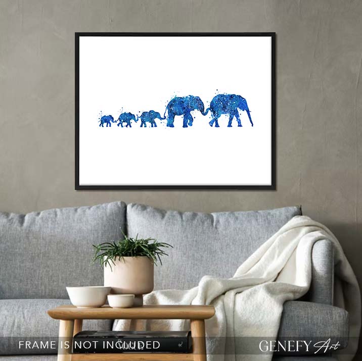 Elephant Herd Family of 5 Watercolour Art