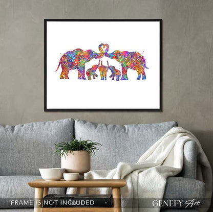 Elephant Herd Family of 5 Watercolour Art