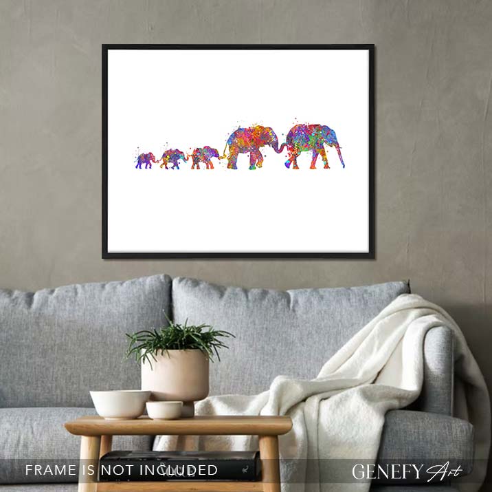 Elephant Herd Family of 5 Watercolour Art