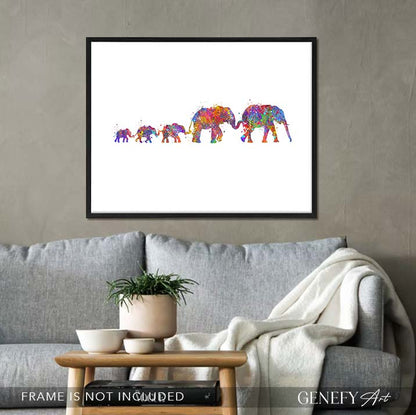 Elephant Herd Family of 5 Watercolour Art