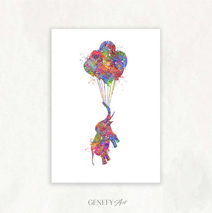 Elephant and Balloons Watercolour Print - Genefy Art