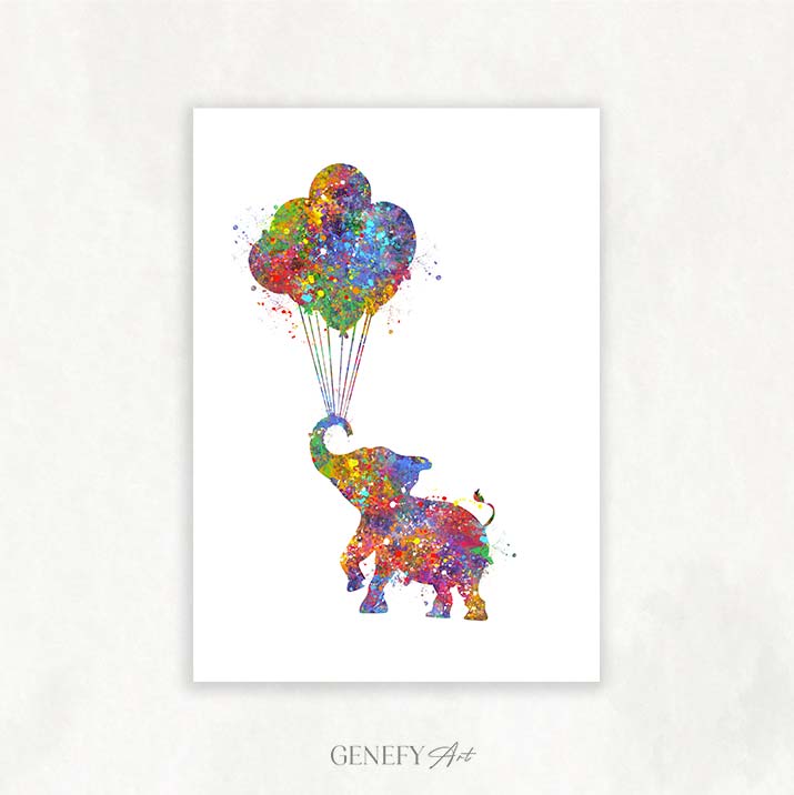 Elephant and Balloons Watercolour Print - Genefy Art