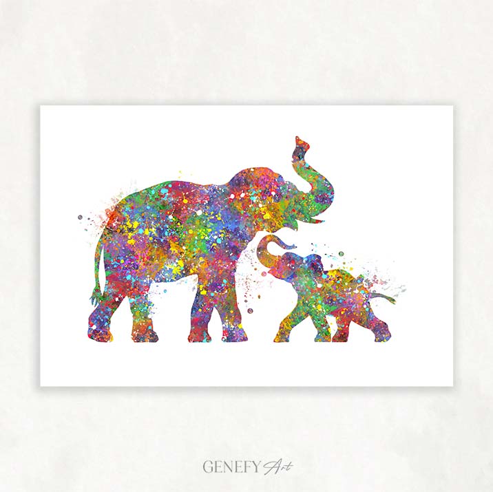 Elephant Mother and Baby Watercolour Art - Genefy Art
