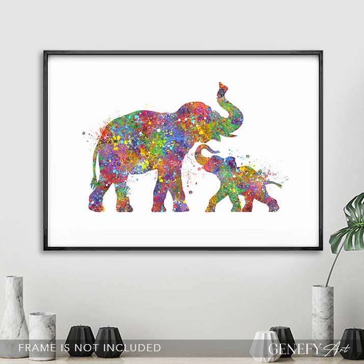 Elephant Mother and Baby Watercolour Art - Genefy Art