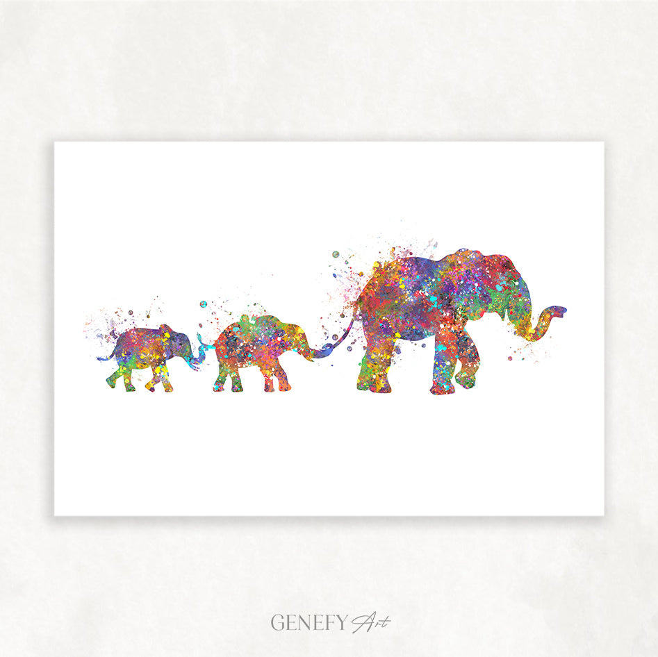 Elephant Herd Family of 3 Watercolour Art