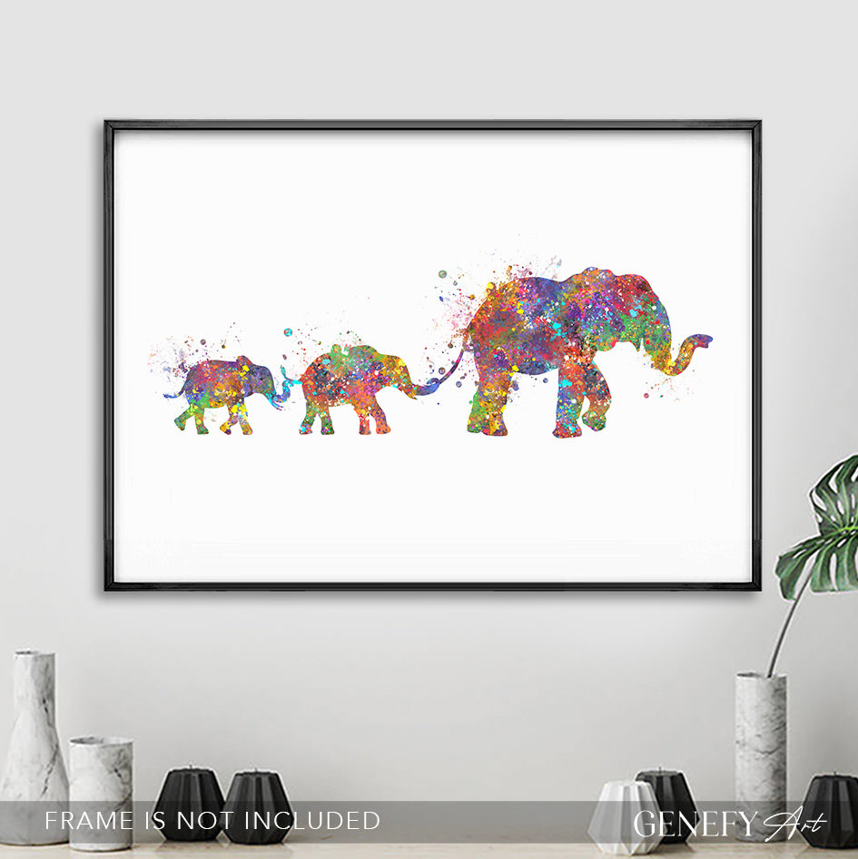 Elephant Herd Family of 3 Watercolour Art