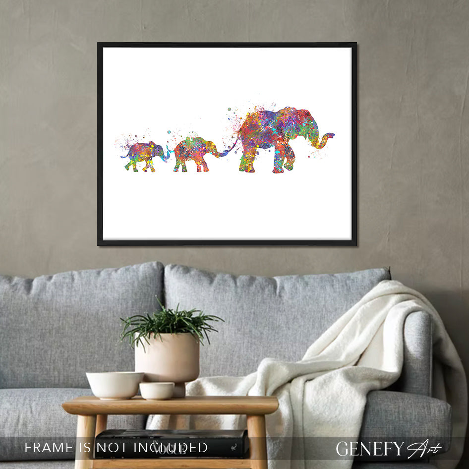 Elephant Herd Family of 3 Watercolour Art