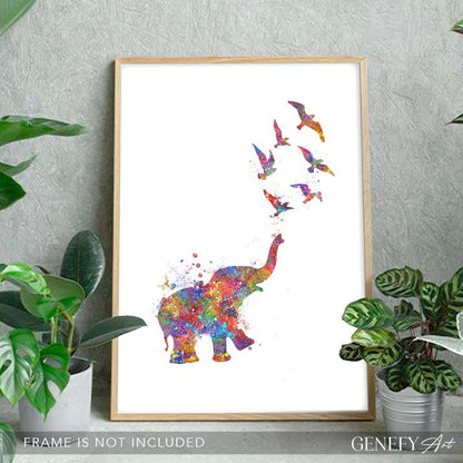 Elephant Chasing Birds Art Print - Genefy Art