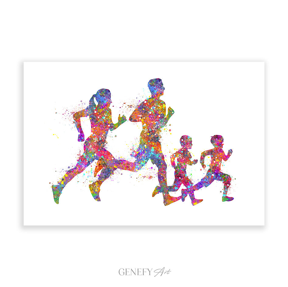 Family of 4 Running Watercolour Print
