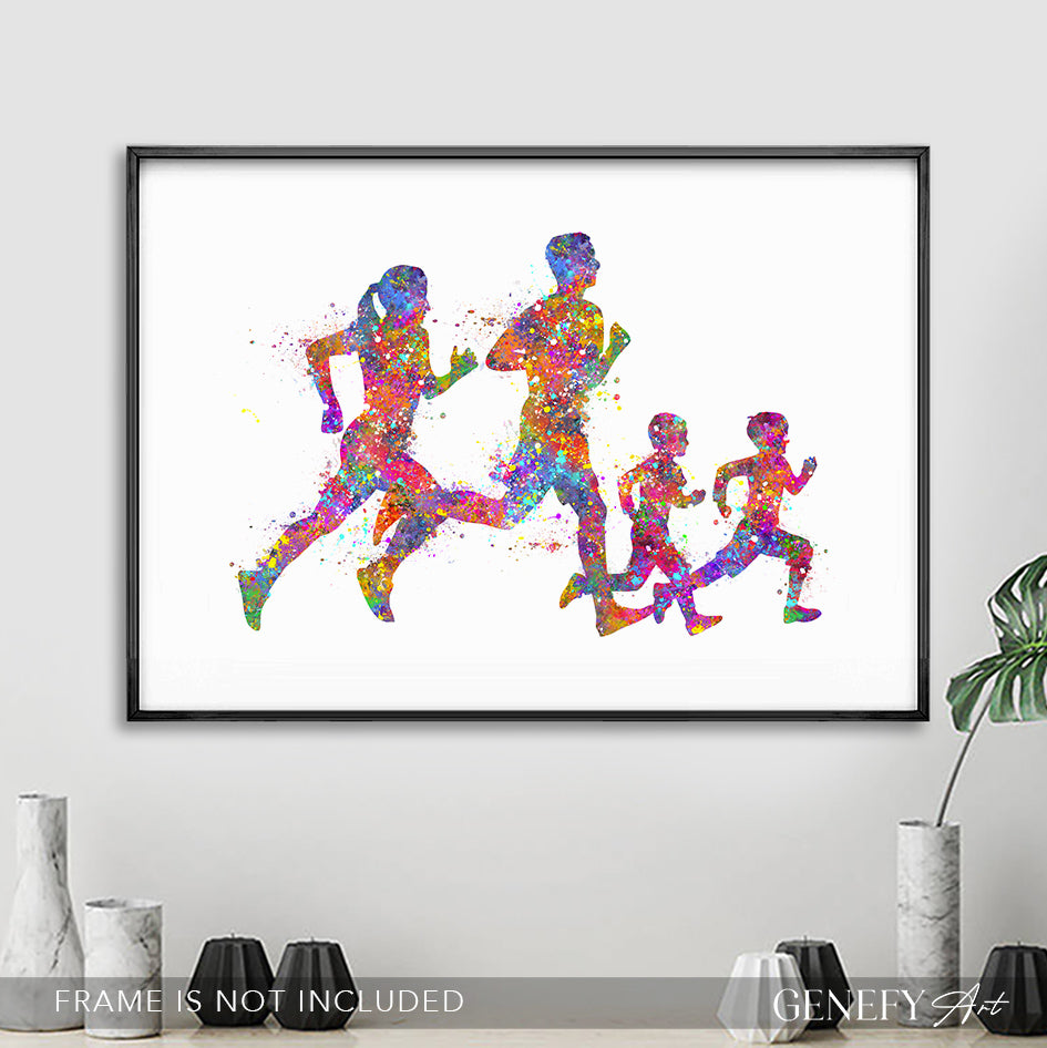 Family of 4 Running Watercolour Print