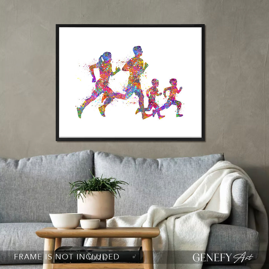 Family of 4 Running Watercolour Print