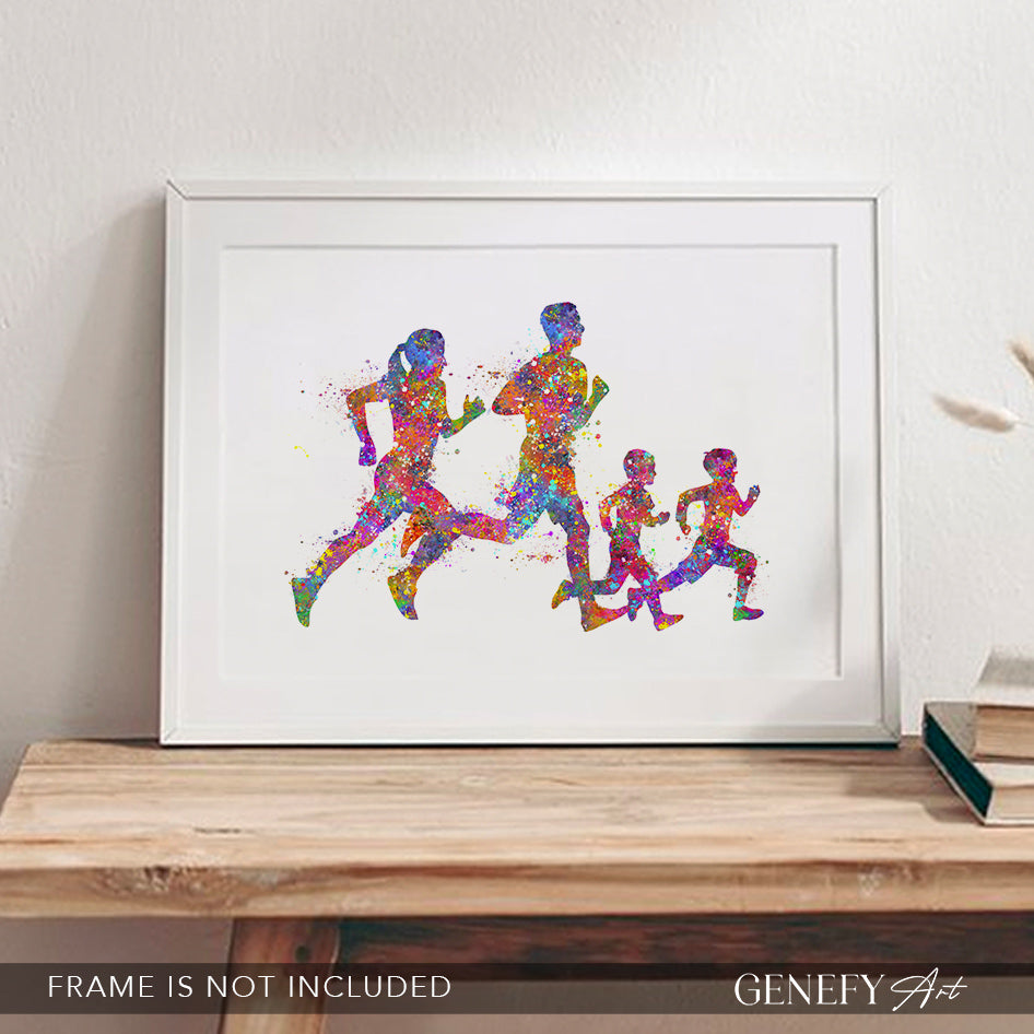Family of 4 Running Watercolour Print