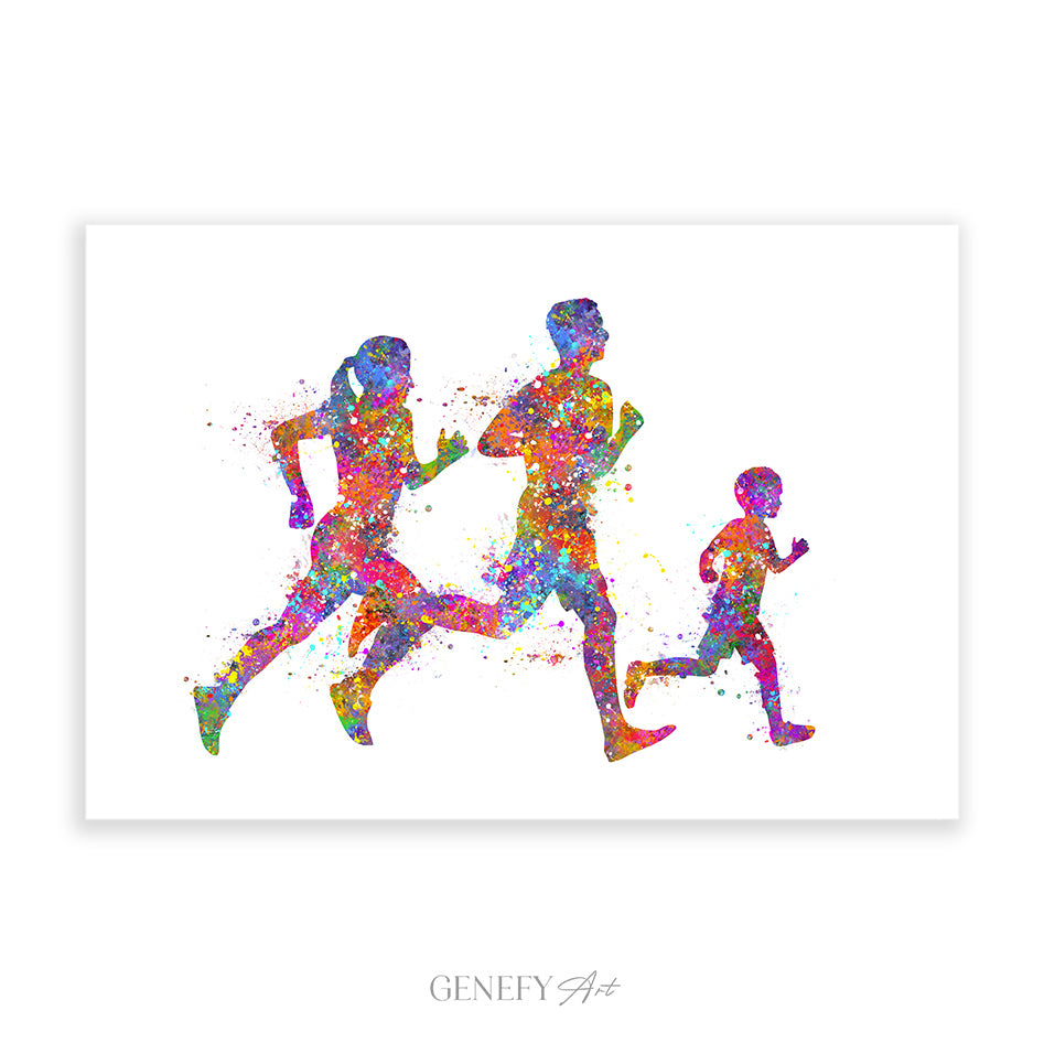 Family of 3 Running Father Mother and Son Watercolour Print