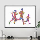 Family of 3 Running Father Mother and Son Watercolour Print