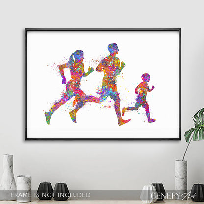 Family of 3 Running Father Mother and Son Watercolour Print