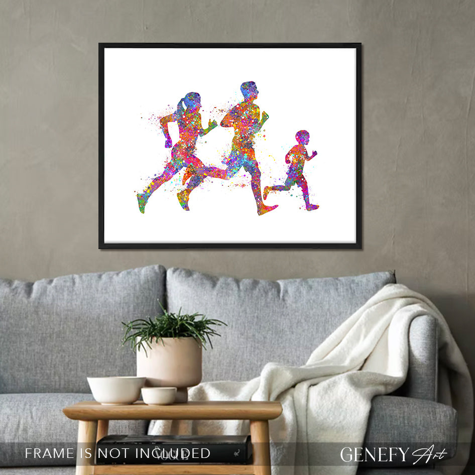 Family of 3 Running Father Mother and Son Watercolour Print