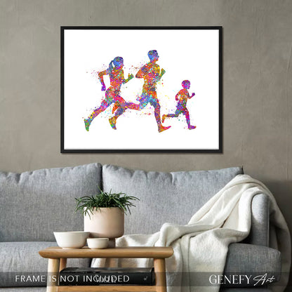 Family of 3 Running Father Mother and Son Watercolour Print