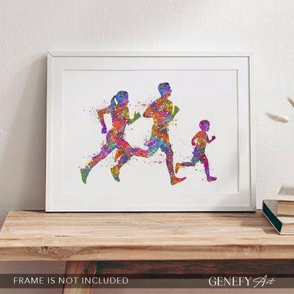 Family of 3 Running Father Mother and Son Watercolour Print