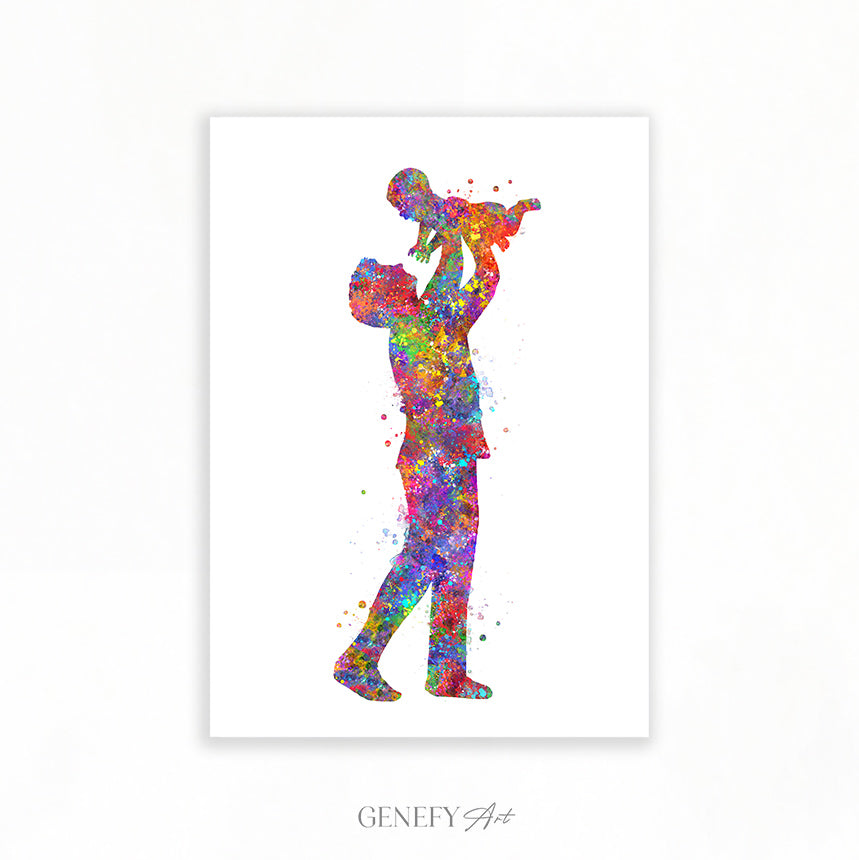 Father Holding Baby Watercolour Art Print