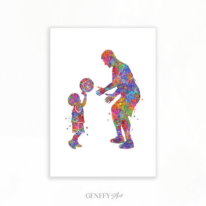 Father and Son Playing Basketball Watercolour Art Print
