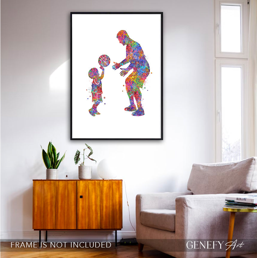 Father and Son Playing Basketball Watercolour Art Print