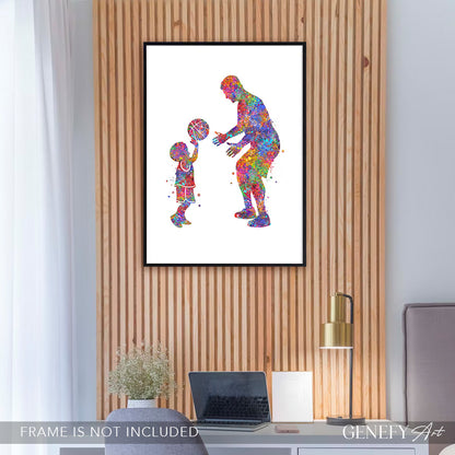 Father and Son Playing Basketball Watercolour Art Print