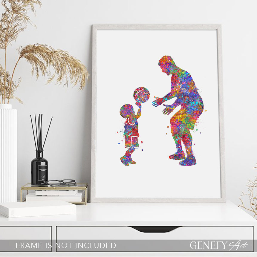 Father and Son Playing Basketball Watercolour Art Print