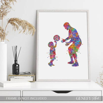 Father and Son Playing Basketball Watercolour Art Print