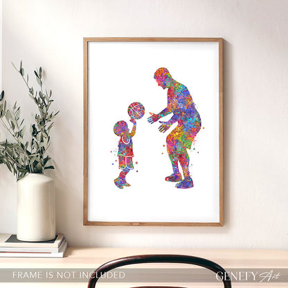 Father and Son Playing Basketball Watercolour Art Print