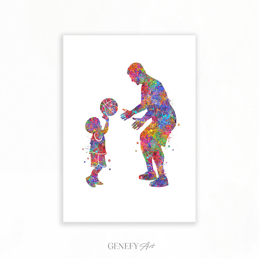 Father and Son Playing Basketball Watercolour Art Print