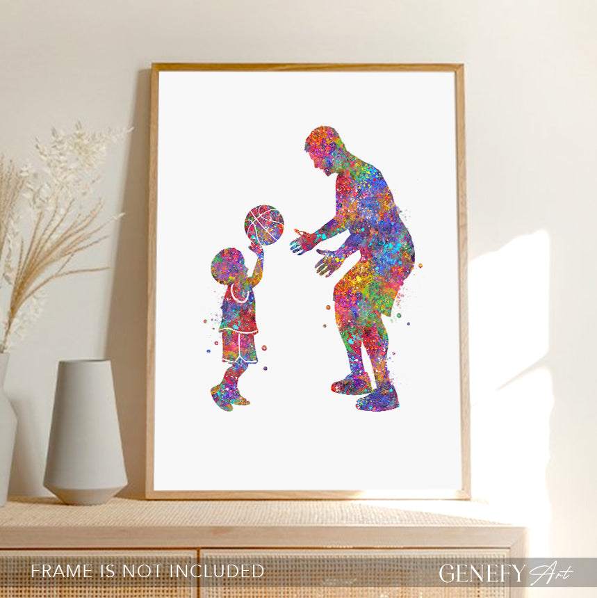 Father and Son Playing Basketball Watercolour Art Print