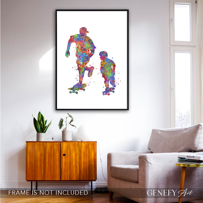 Father and Son Skateboarding Watercolour Art Print