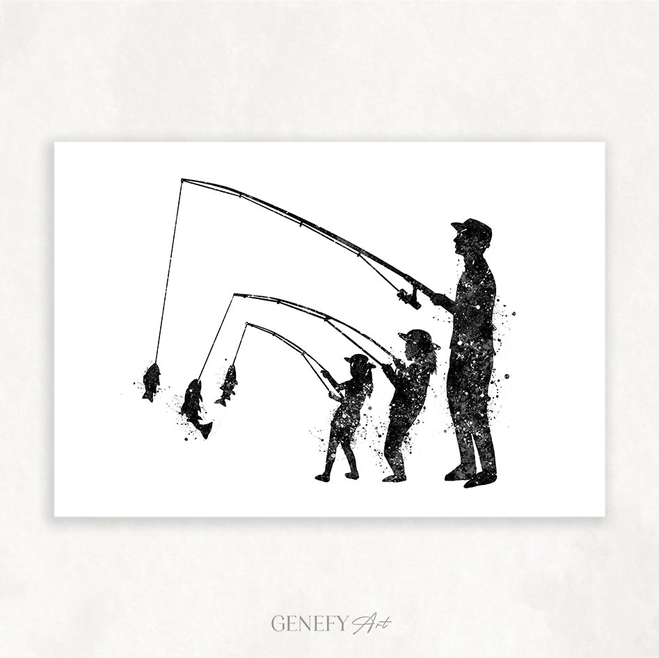 Father and Daughters Fishing Black and White Art Print