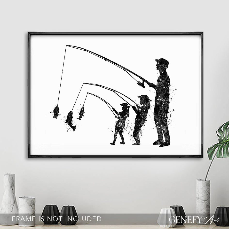 Father and Daughters Fishing Black and White Art Print