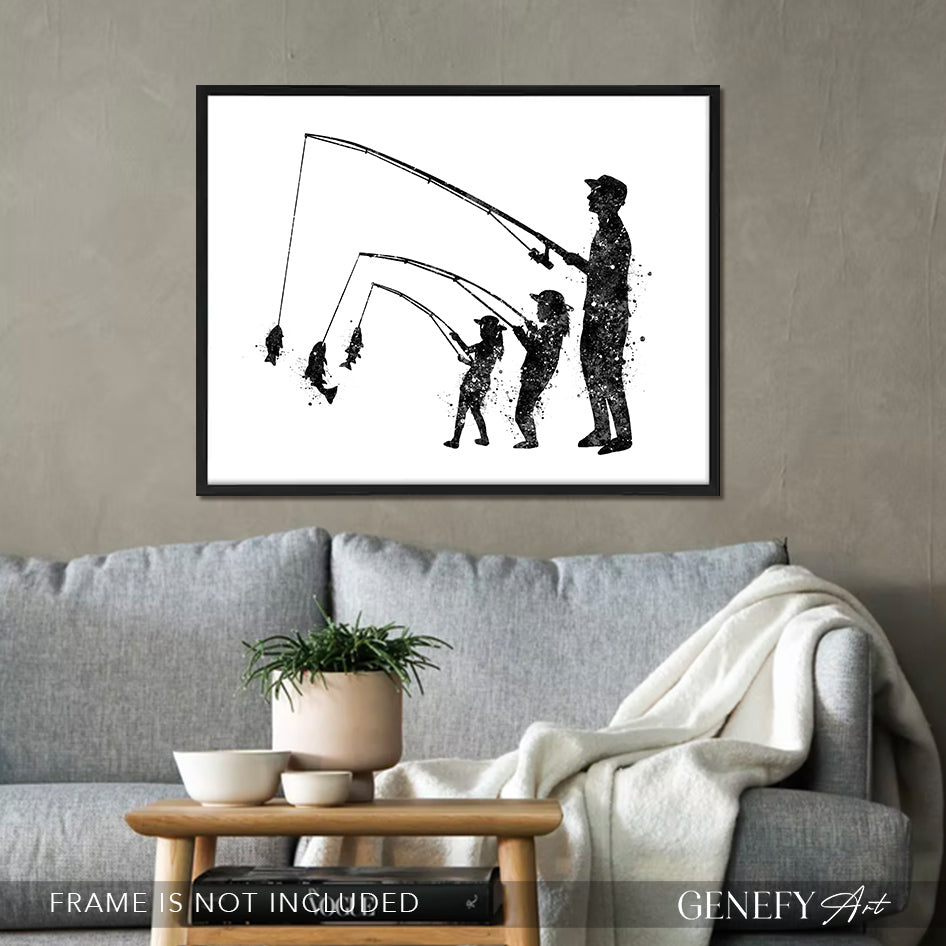 Father and Daughters Fishing Black and White Art Print