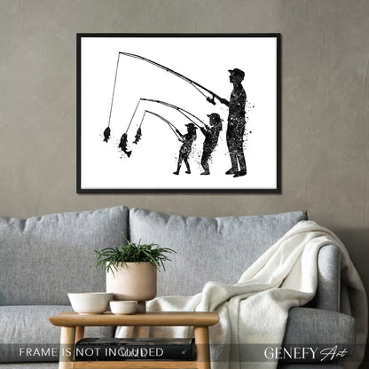 Father and Daughters Fishing Black and White Art Print