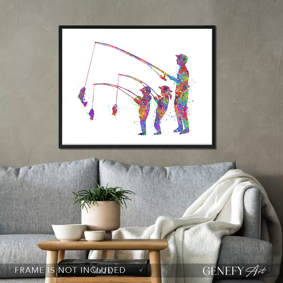 Father, Son and Daughter Fishing Art Print