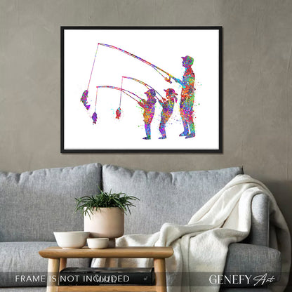 Father, Son and Daughter Fishing Art Print