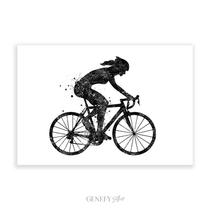 Female Road Cyclist Black and White Watercolour Art Print
