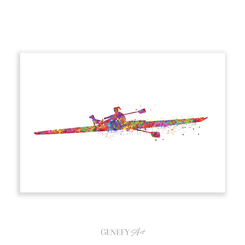 Solo Female Rower with Pet Dog Watercolour Art Print