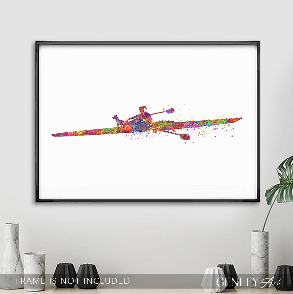Solo Female Rower with Pet Dog Watercolour Art Print