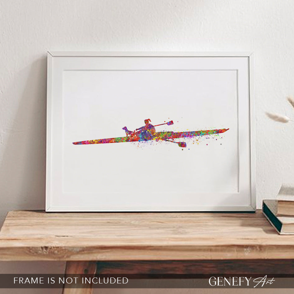 Solo Female Rower with Pet Dog Watercolour Art Print