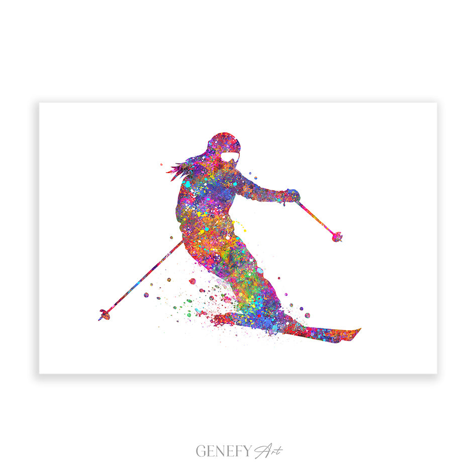 Female Skier Watercolour Art Print