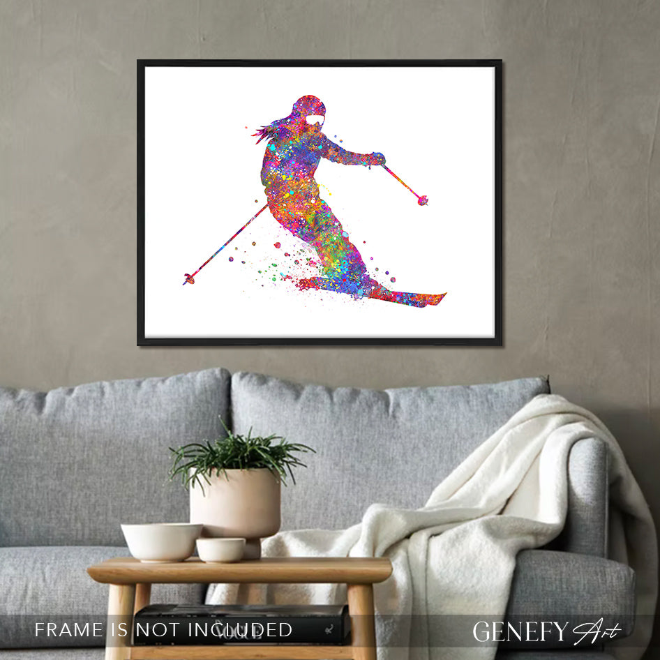 Female Skier Watercolour Art Print