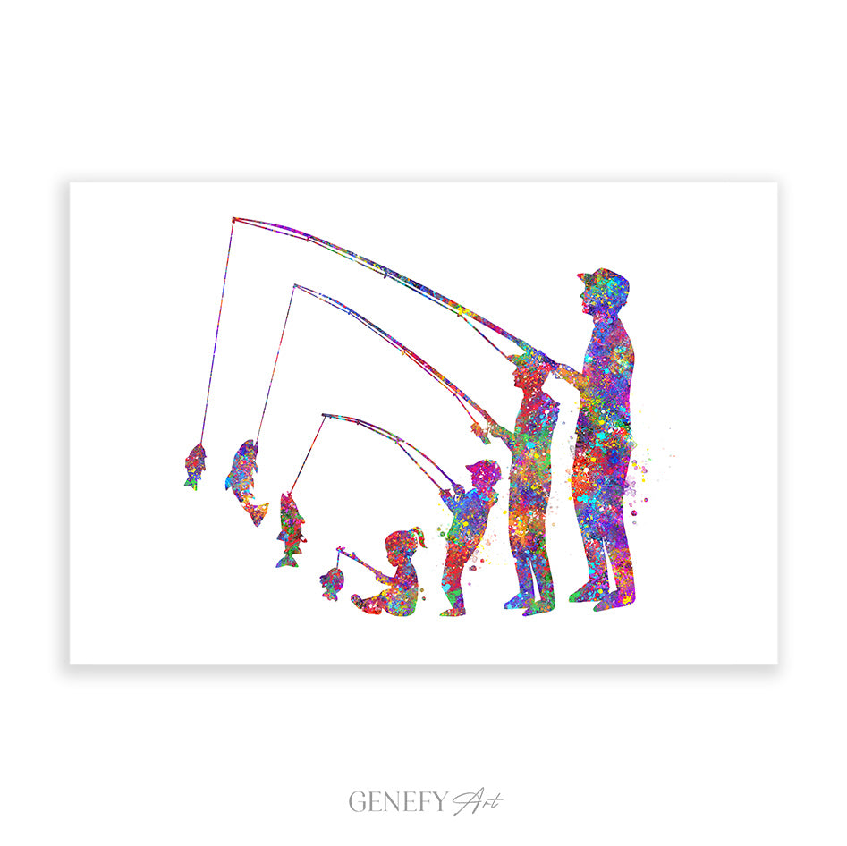 Fishing Family of 4 Watercolour Art Print