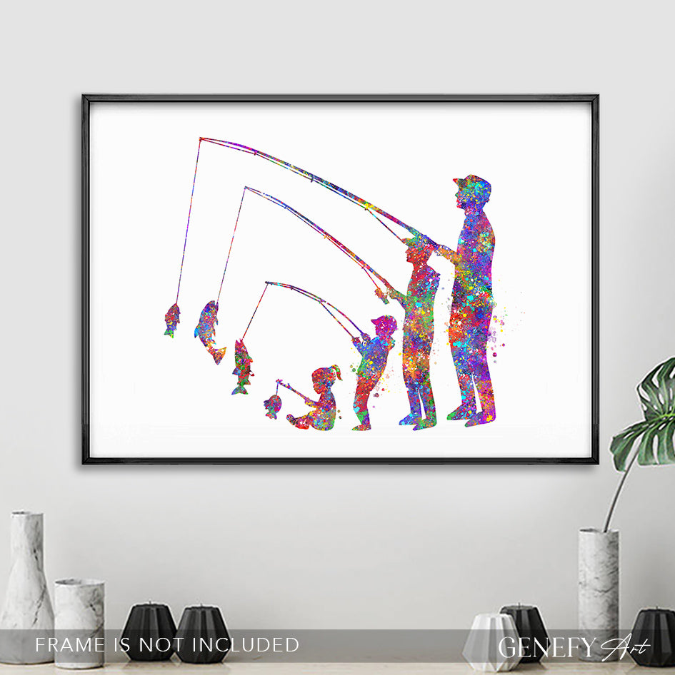 Fishing Family of 4 Watercolour Art Print
