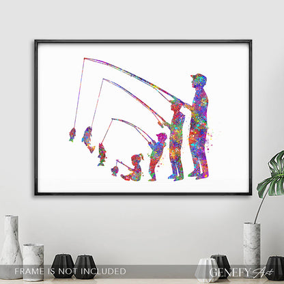 Fishing Family of 4 Watercolour Art Print